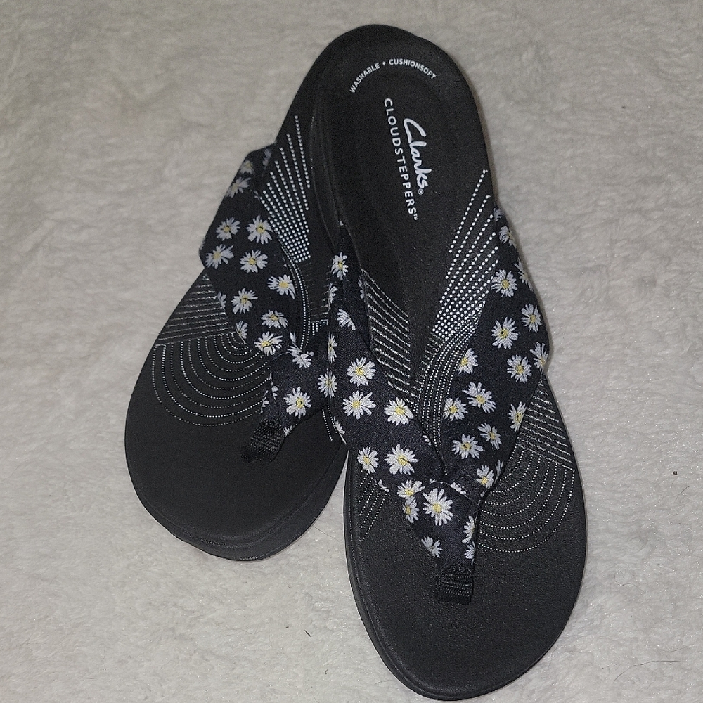 Clarks Black Sandals with FLower Embellishments